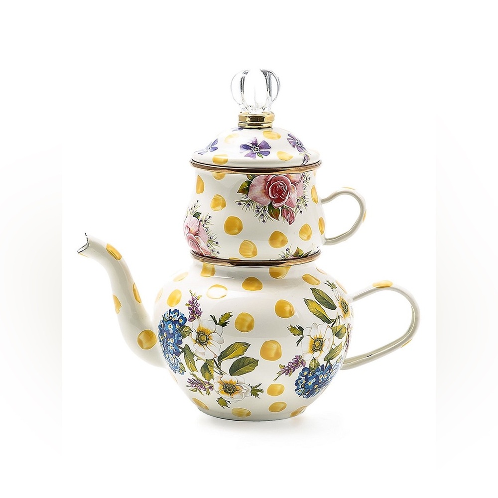 Brand New Mackenzie-Childs Yellow Wildflowers Enamel High Teapot & Cup, NWT - Picture 2 of 4